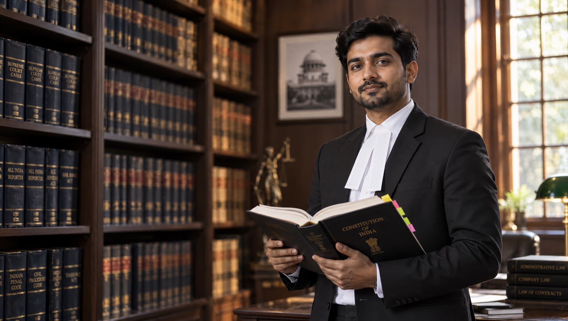 A young advocate in court dress holding the Constitution of India in a law library